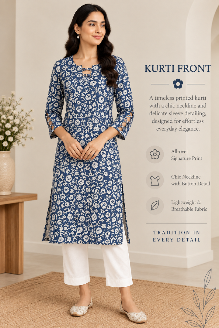 Indigo Blue Floral Block Printed Straight Kurta