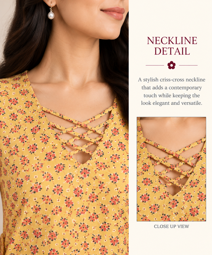 Yellow Floral Print Long Kurti with Criss-Cross Neck and Side Ties