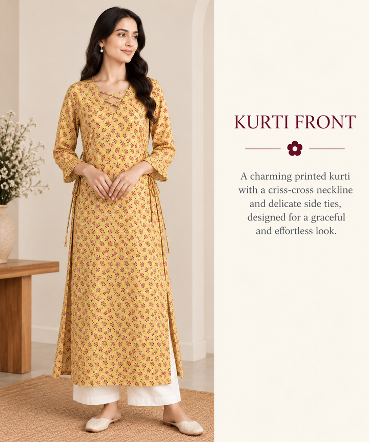 Yellow Floral Print Long Kurti with Criss-Cross Neck and Side Ties