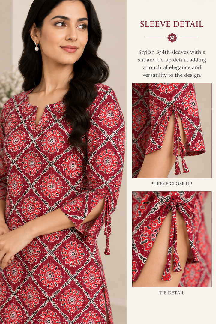 Maroon Bandhani & Floral Print Short Kurti
