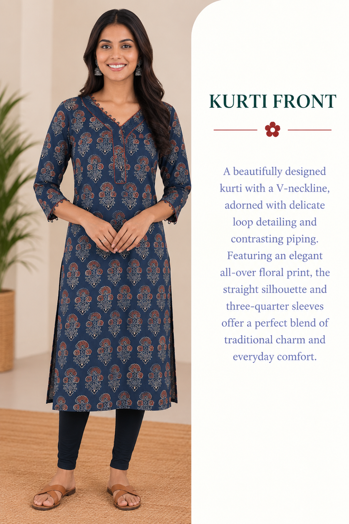Blue Cotton Ajrak Hand Block Printed Long Kurta