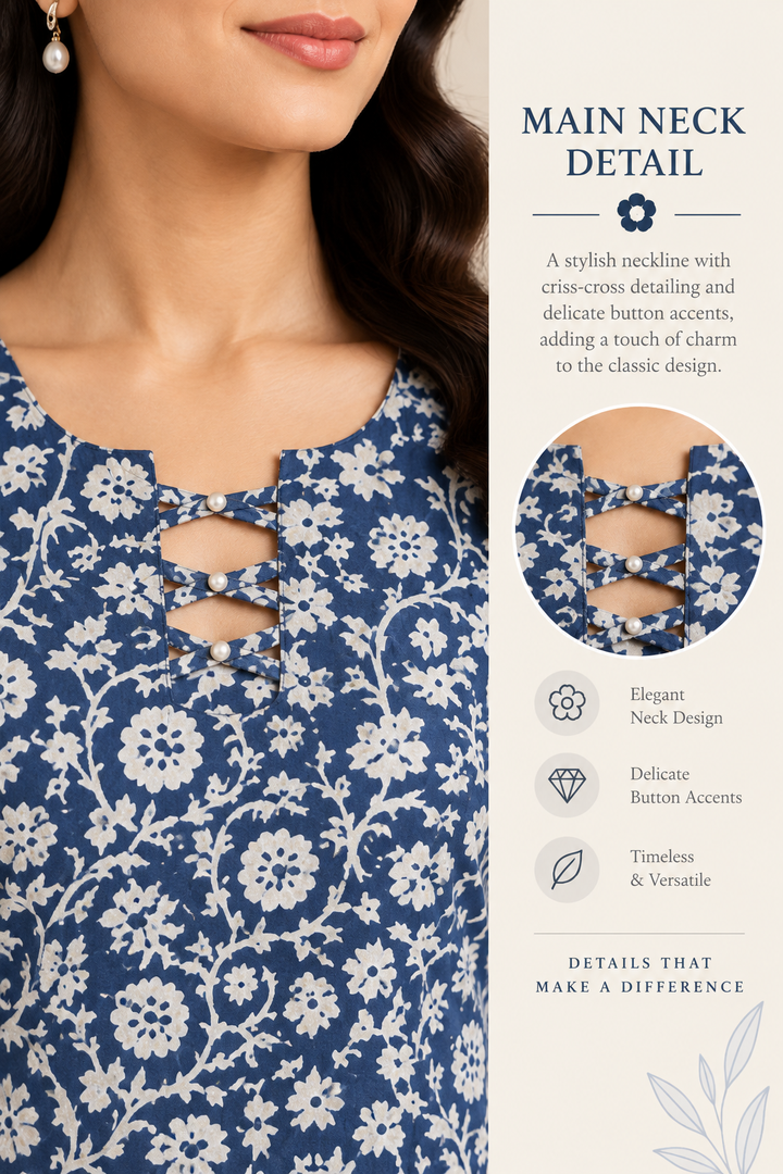 Indigo Blue Floral Block Printed Straight Kurta