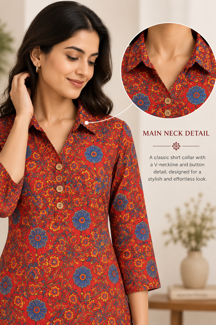 Red Floral Block Printed Shirt Style Short Kurta