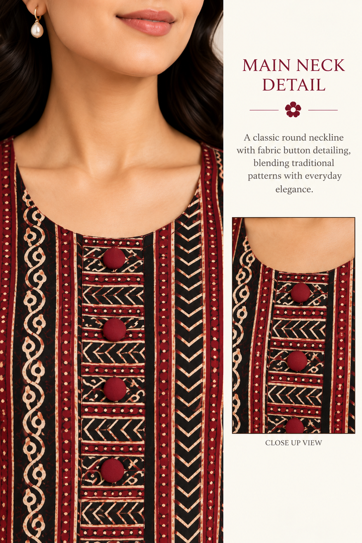 Maroon & Black Ethnic Block-Printed Short Kurti