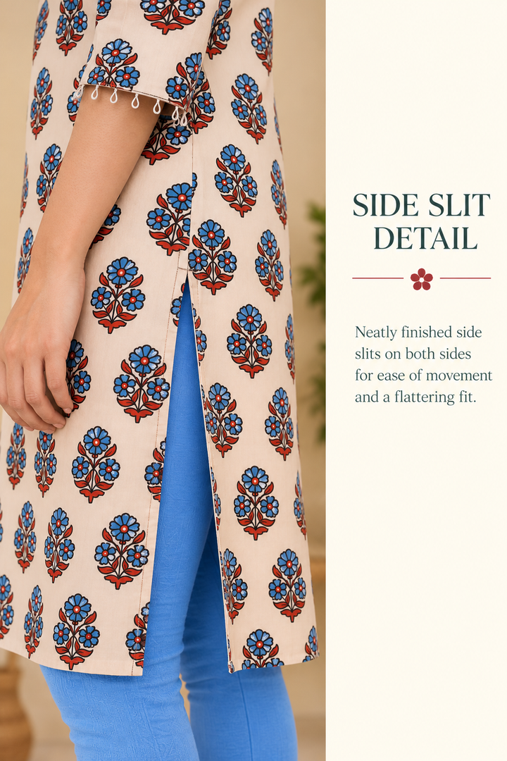 Beige Cotton Ajrakh Hand Block Printed Short Kurta