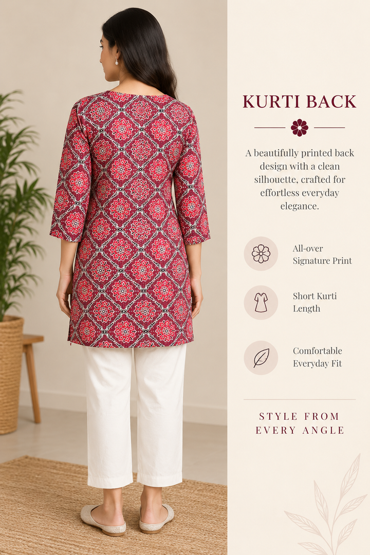 Maroon Bandhani & Floral Print Short Kurti