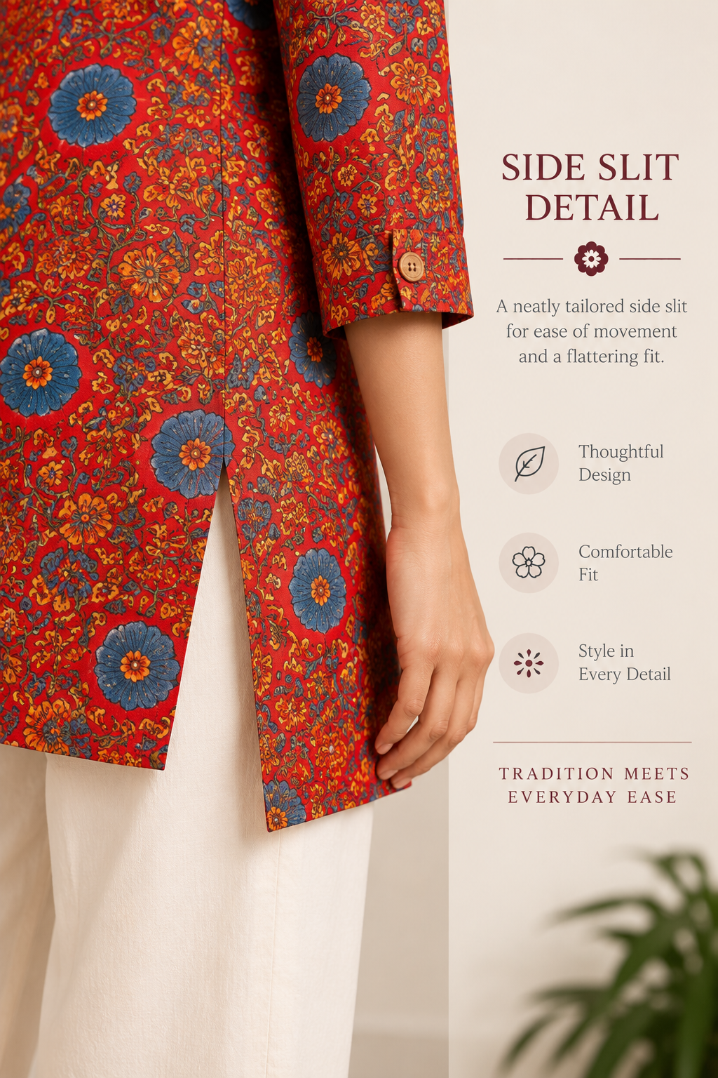 Red Floral Block Printed Shirt Style Short Kurta