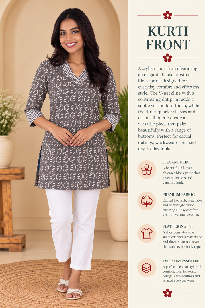 Grey Cotton Dabu Hand Block Printed Short Kurta