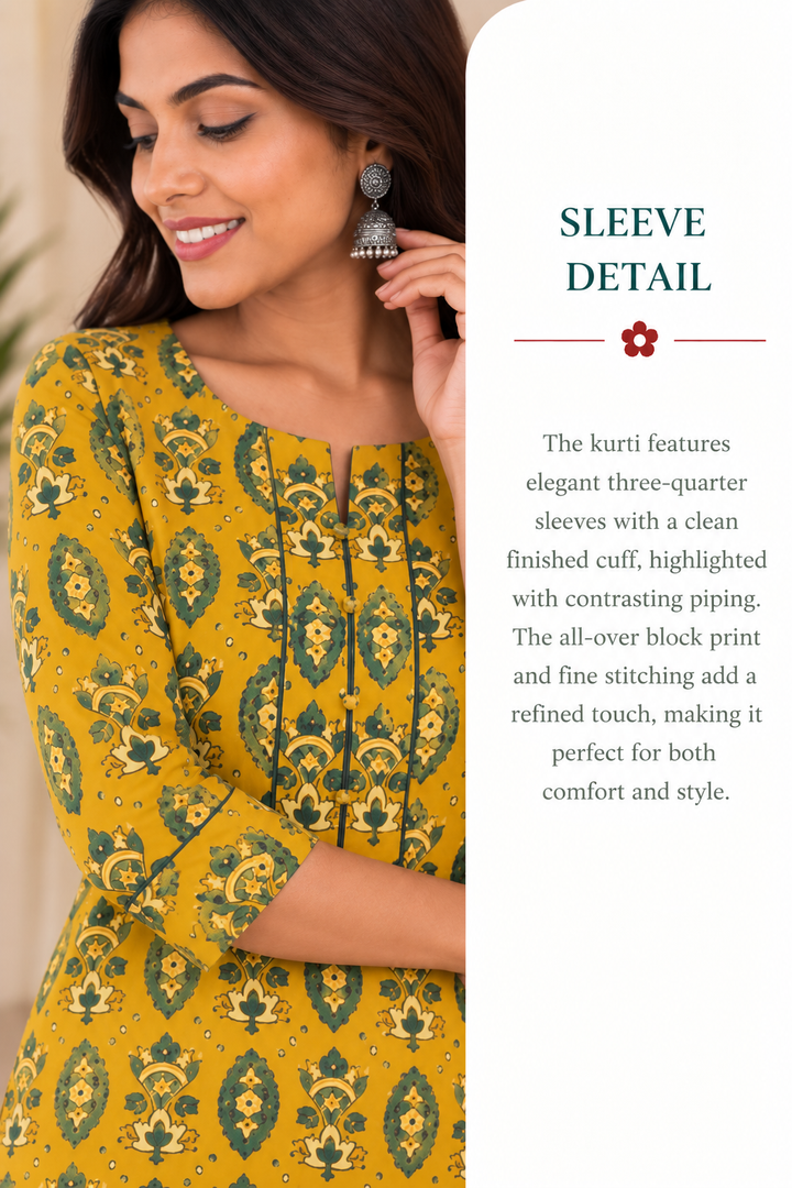 Mustard Cotton Ajrak Hand Block Printed Long Kurta