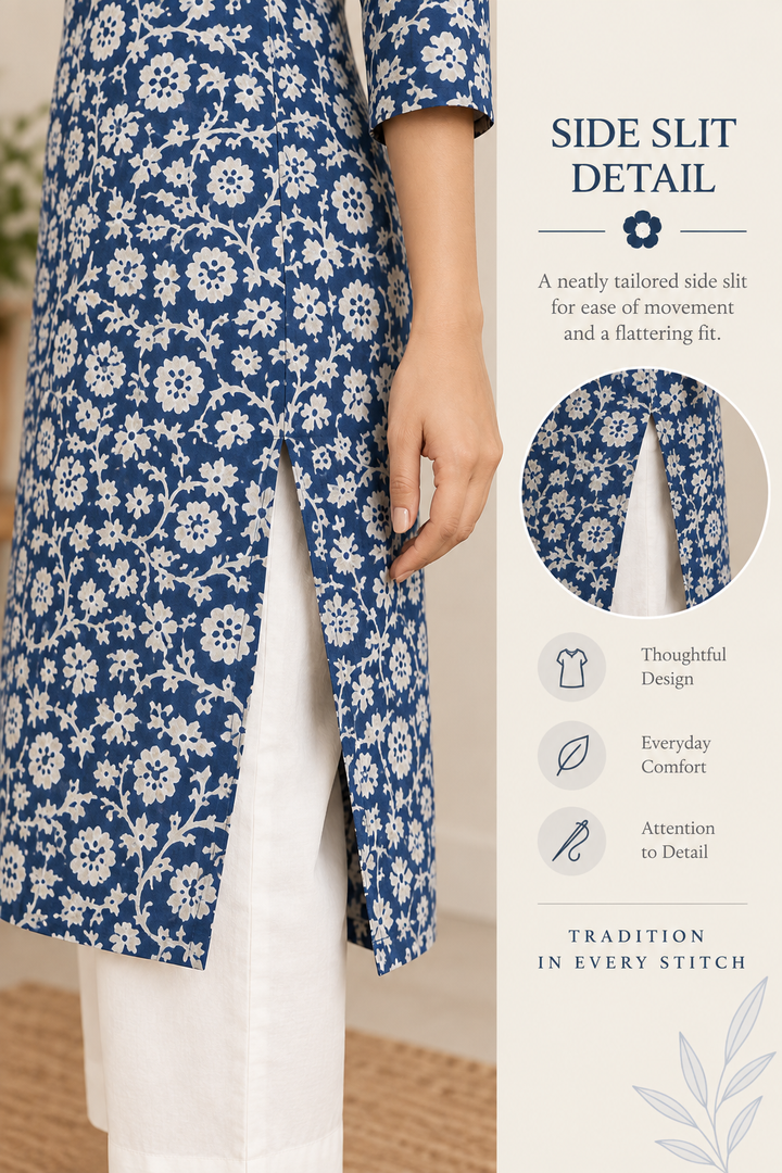 Indigo Blue Floral Block Printed Straight Kurta