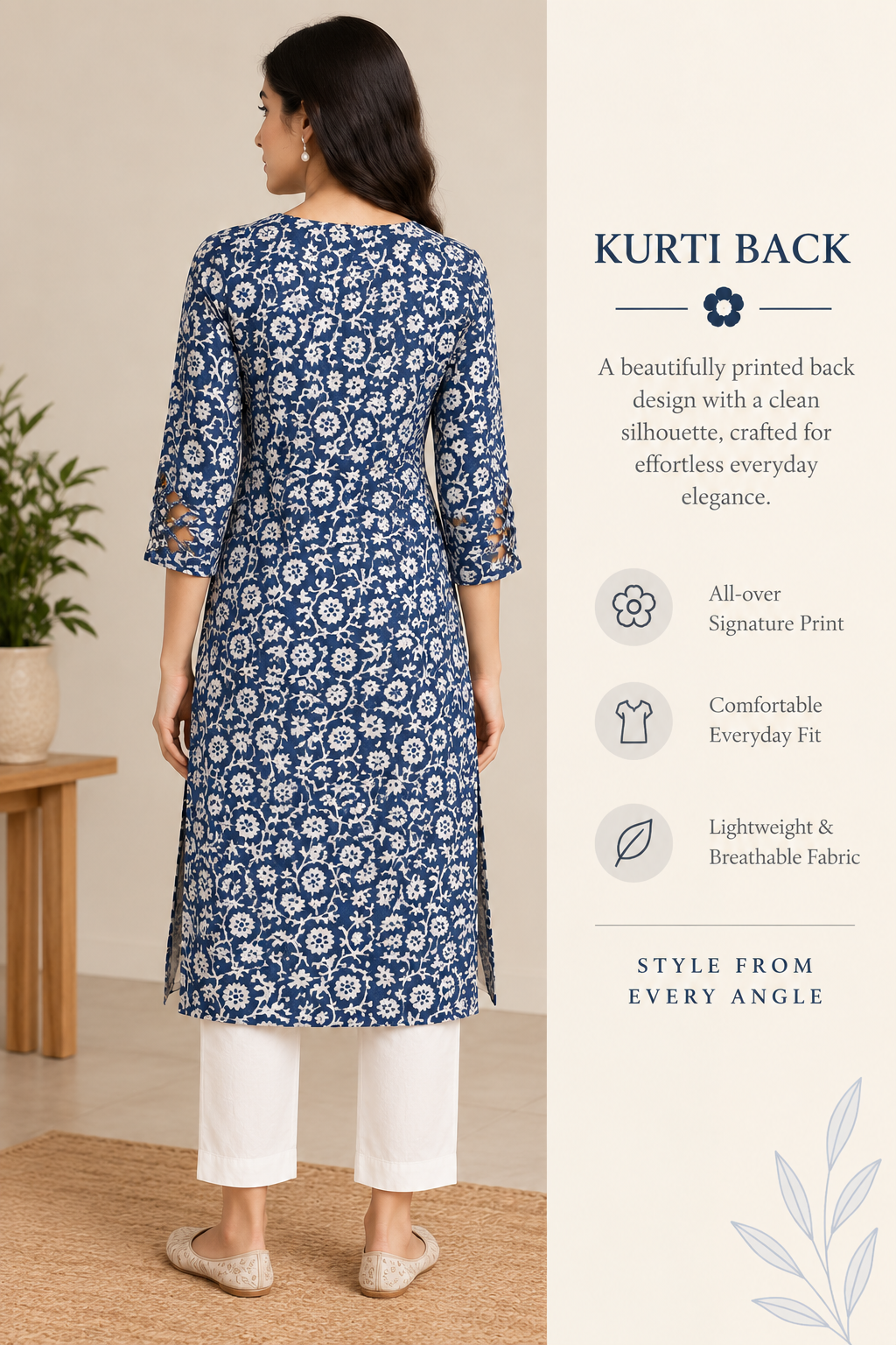 Indigo Blue Floral Block Printed Straight Kurta