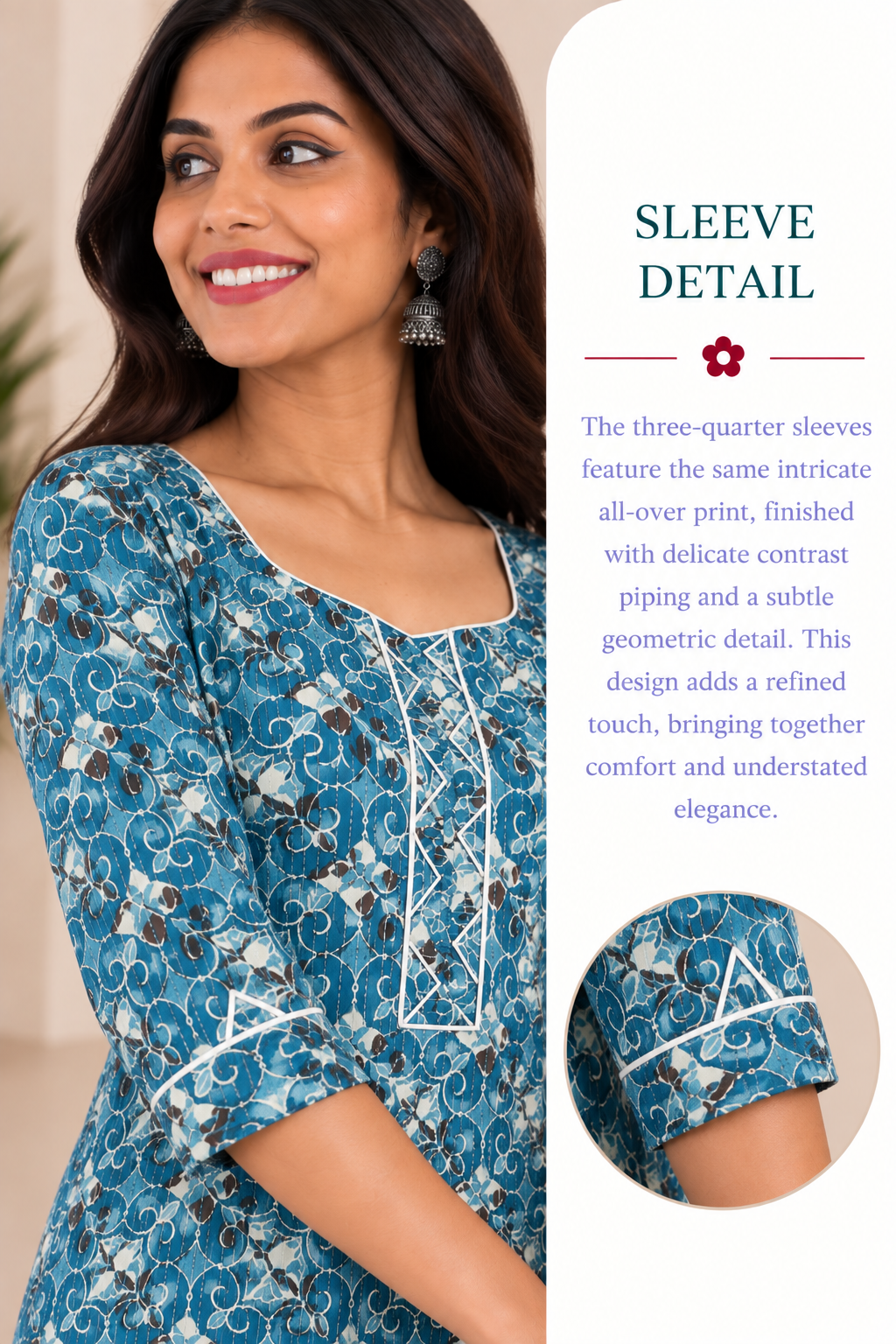 Blue Cotton Kantha Block Printed Long Kurta